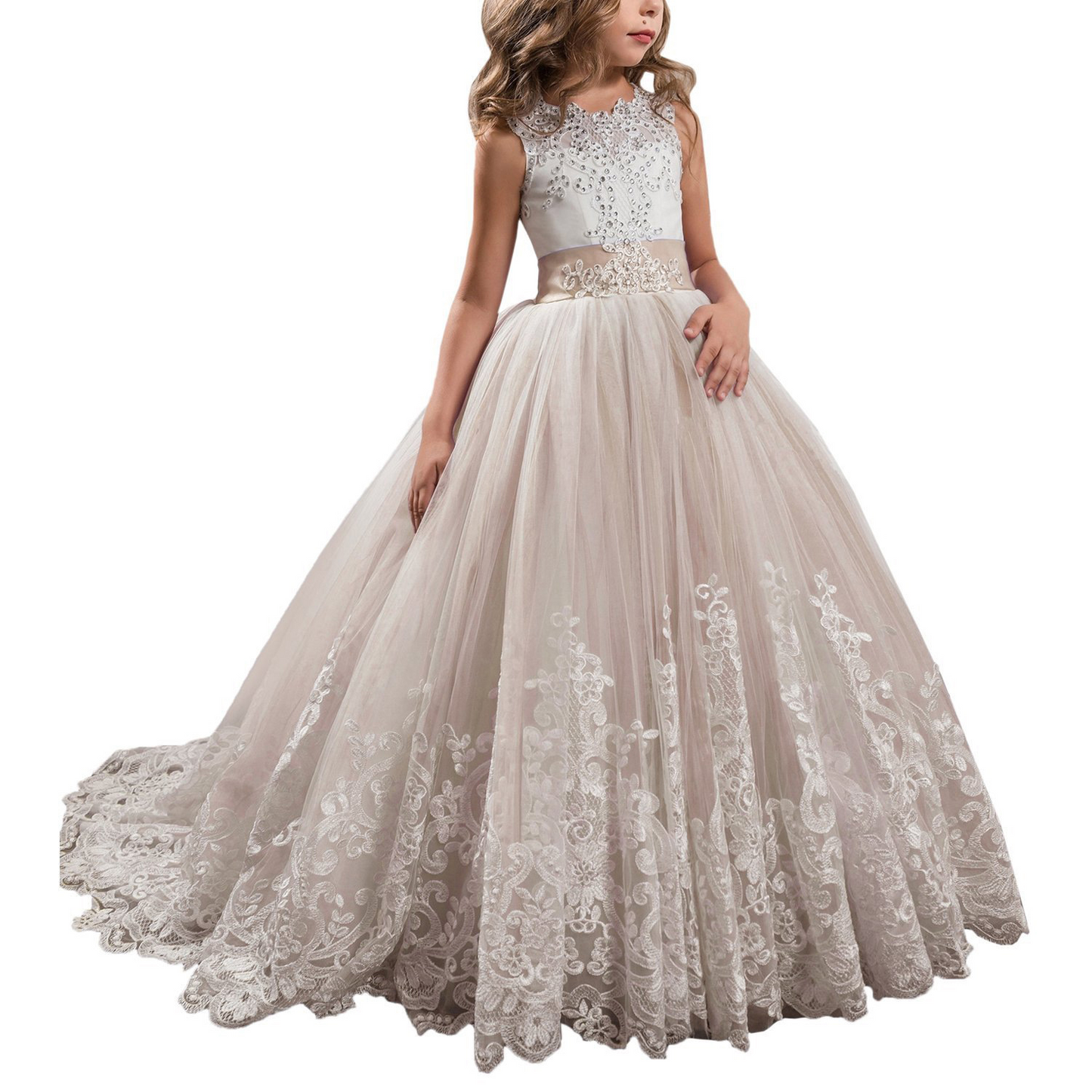 Beaded Lace Embroidered Sleeveless Kids Wedding Dress