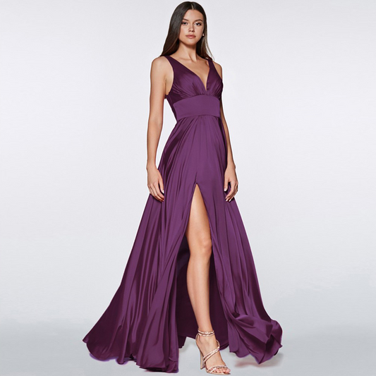 Deep V Neck Sleeveless Pleated Evening Slit Dress