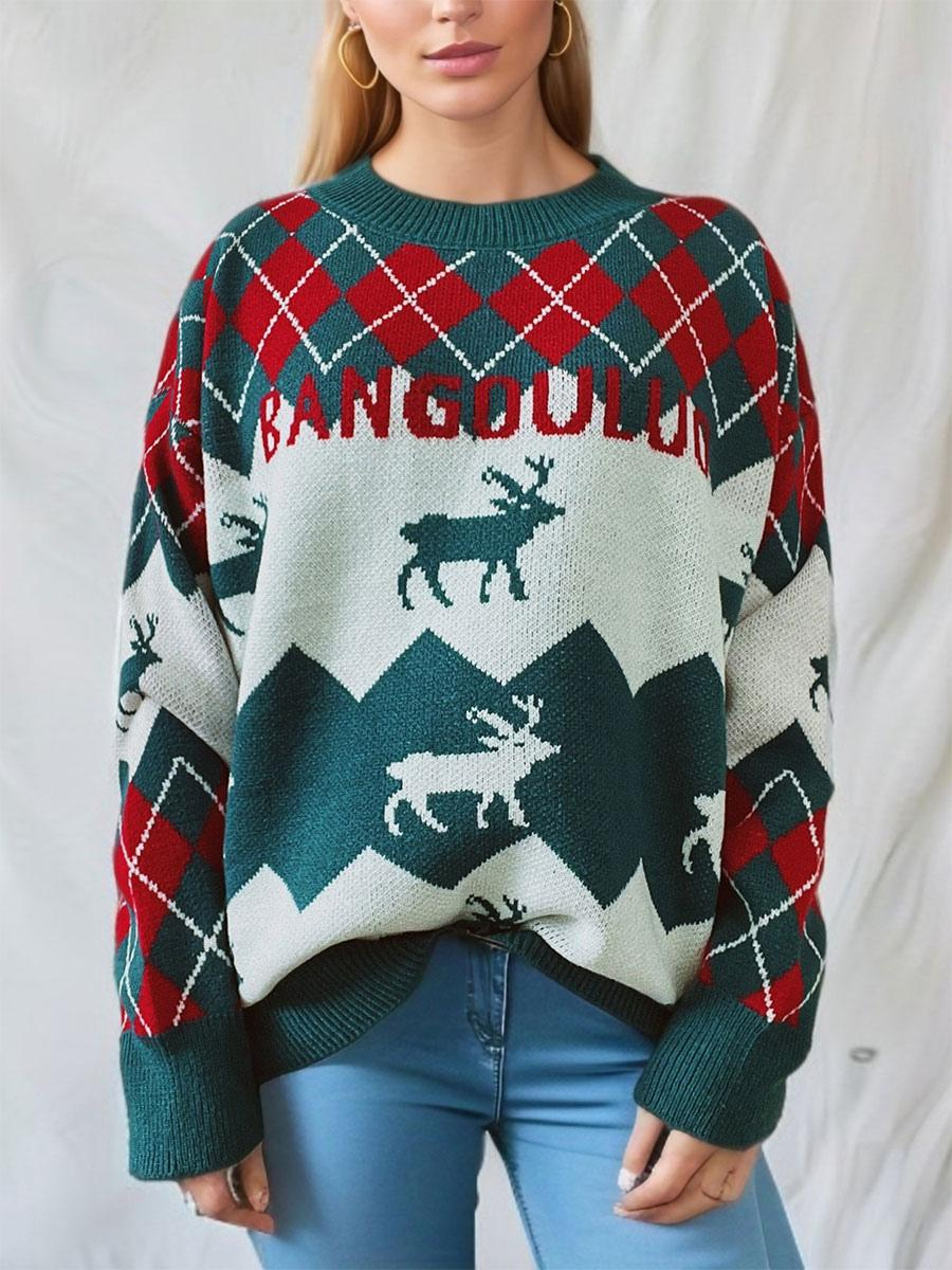 Knitted Elk Printed Pullover Sweater