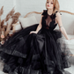 Black A-Line Lace Applique Backless Sleeveless Wedding Dress