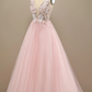 Appliqued Deep V Neck Long Prom Dress