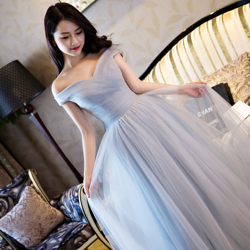 Off-Shoulder Pleated Long Evening Dress