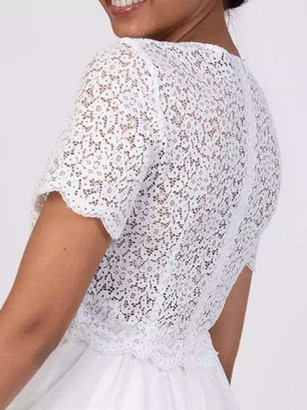 Jewel Neck Lace Cut Out Tea-Length Mini Wedding Dress