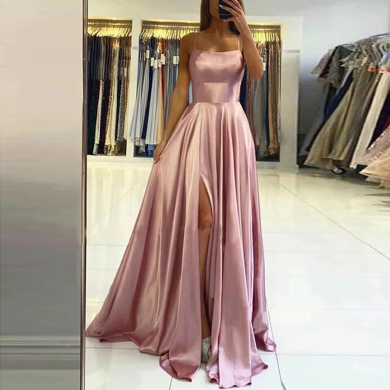 Spaghetti Strap Sleeveless Long Slit Bridesmaid Dress