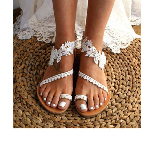 White Lace Open Toe Flat Heel Sandals