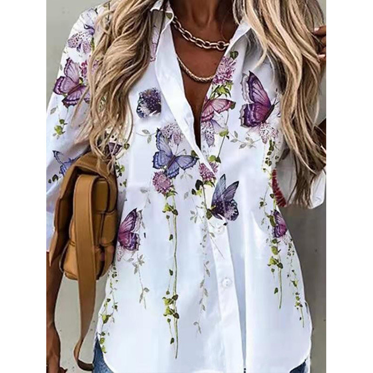 White Butterfly Printed Buttoned Front Shirt