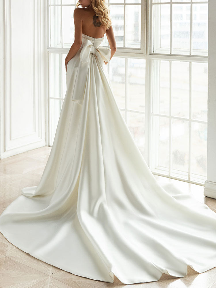 Ivory Satin Backless Bow Detail Mermaid Wedding Dress