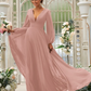 Deep V-Neck Long Sleeves Maxi Bridesmaid Dress