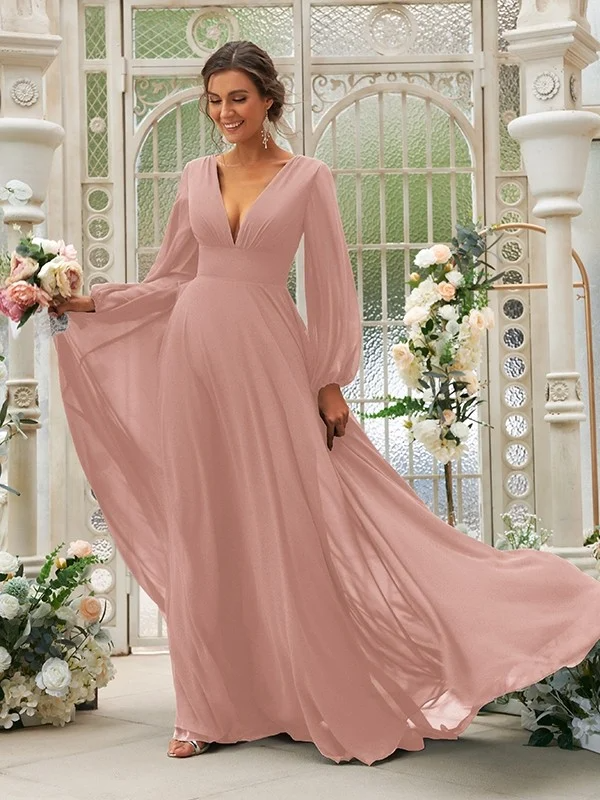 Deep V-Neck Long Sleeves Maxi Bridesmaid Dress