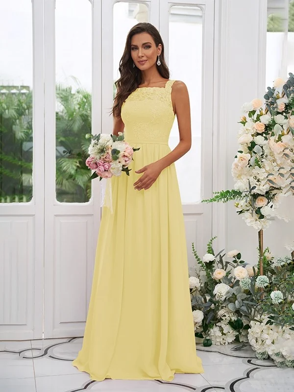 Lace Applique Square Neck Sleeveless Maxi Bridesmaid Dress