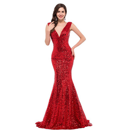 Sequin Deep V Neck Sleeveless Mermaid Evening Dress