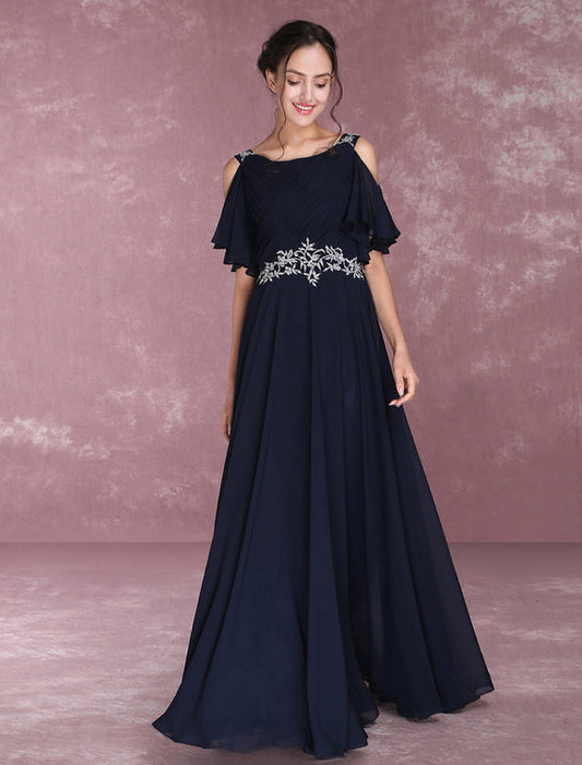 Navy Chiffon Beading Cold Shoulder Pleated Bridesmaid Dress