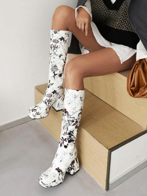 Women's Floral Print Block Heel Platform Knee-High Boots