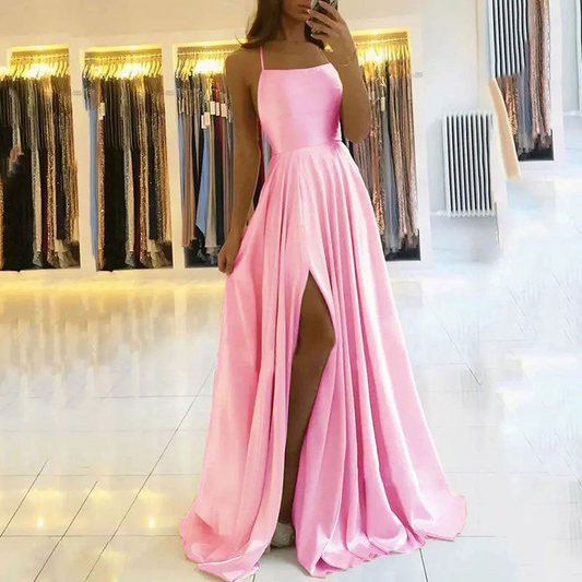 Spaghetti Strap Sleeveless Long Slit Bridesmaid Dress