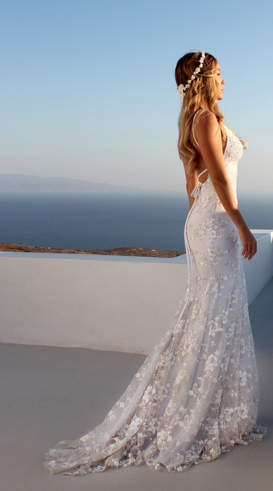 Mermaid Halter Lace Up Backless Lace Beach Wedding Dress