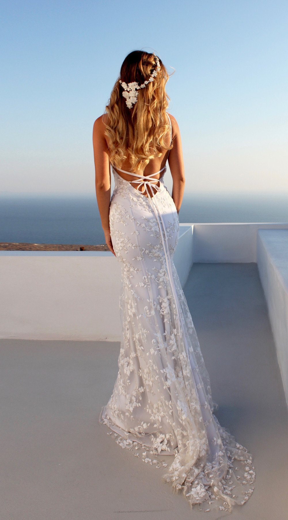 Mermaid Halter Lace Up Backless Lace Beach Wedding Dress