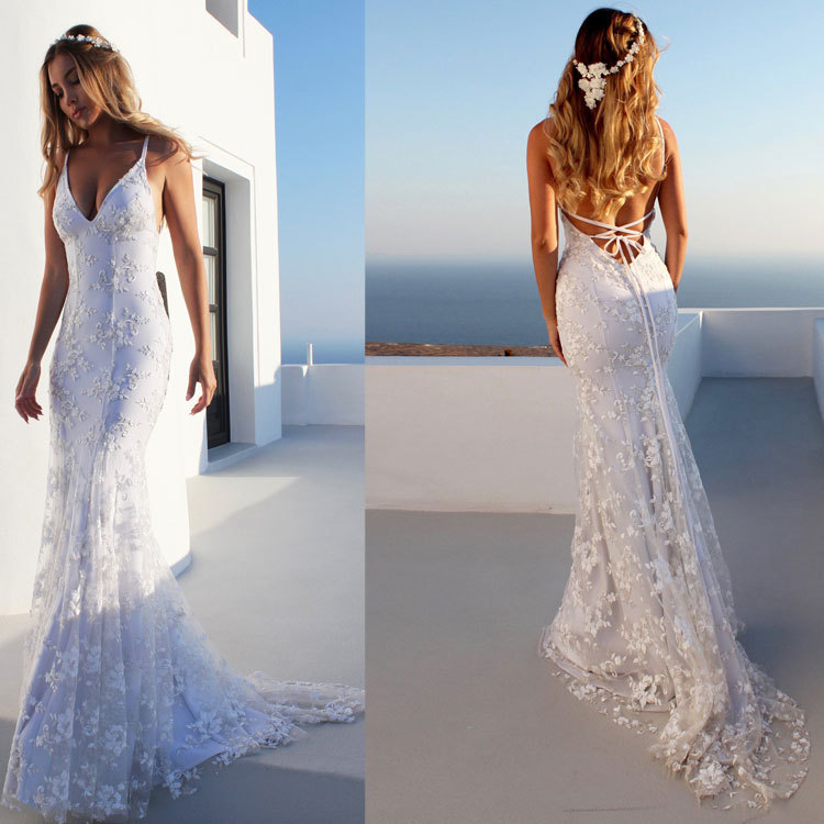 Mermaid Halter Lace Up Backless Lace Beach Wedding Dress