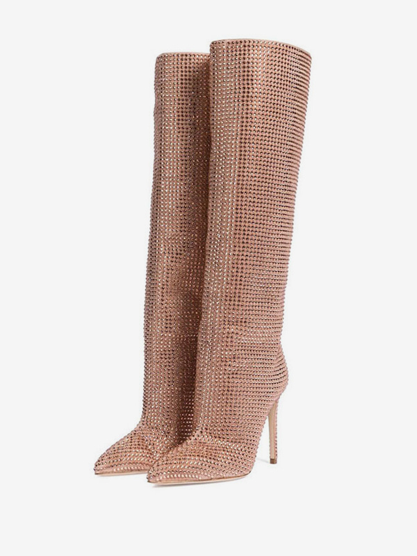 Wide Calf Rhinestones Pointed Toe Stiletto Knee High Boots