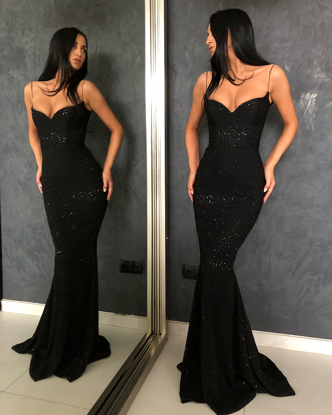 Sequined Deep V Neck Spaghetti Strap Sleeveless Prom Dress