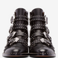 Black Cowhide Studded Buckles Round Toe Motorcycle Boots