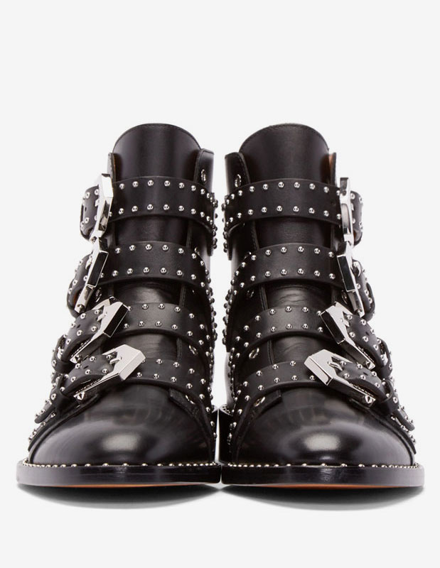 Black Cowhide Studded Buckles Round Toe Motorcycle Boots