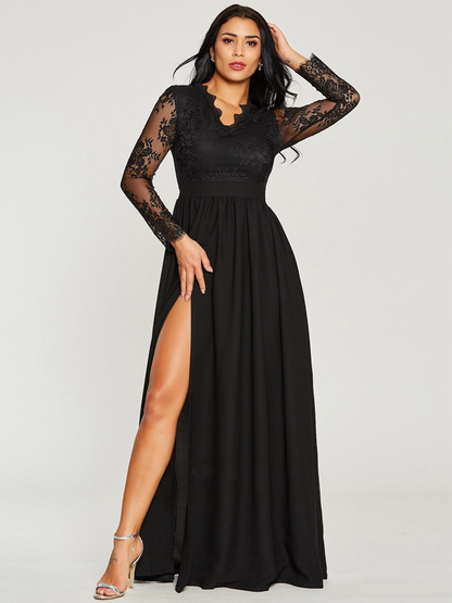 Black Lace Appliques V-neck Evening Dress