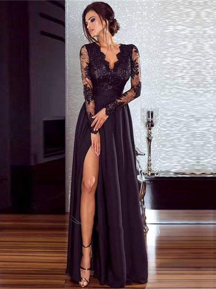 Black Lace Appliques V-neck Evening Dress