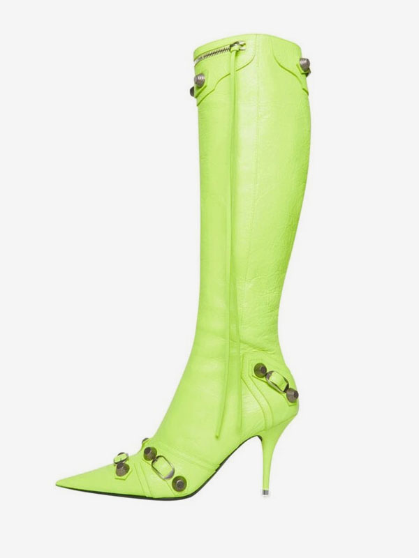 Bright Leather Pointed Toe Stiletto Knee High Boots