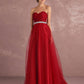 Red Rhinestones Pleated Strapless Tulle Prom Dress