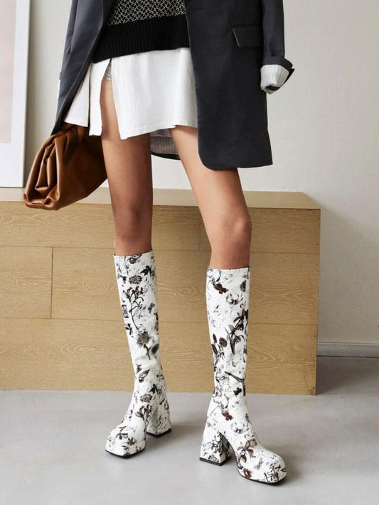 Women's Floral Print Block Heel Platform Knee-High Boots