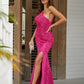 Deep Pink Sequin Oblique Shoulder Sleeveless Long Evening Dress