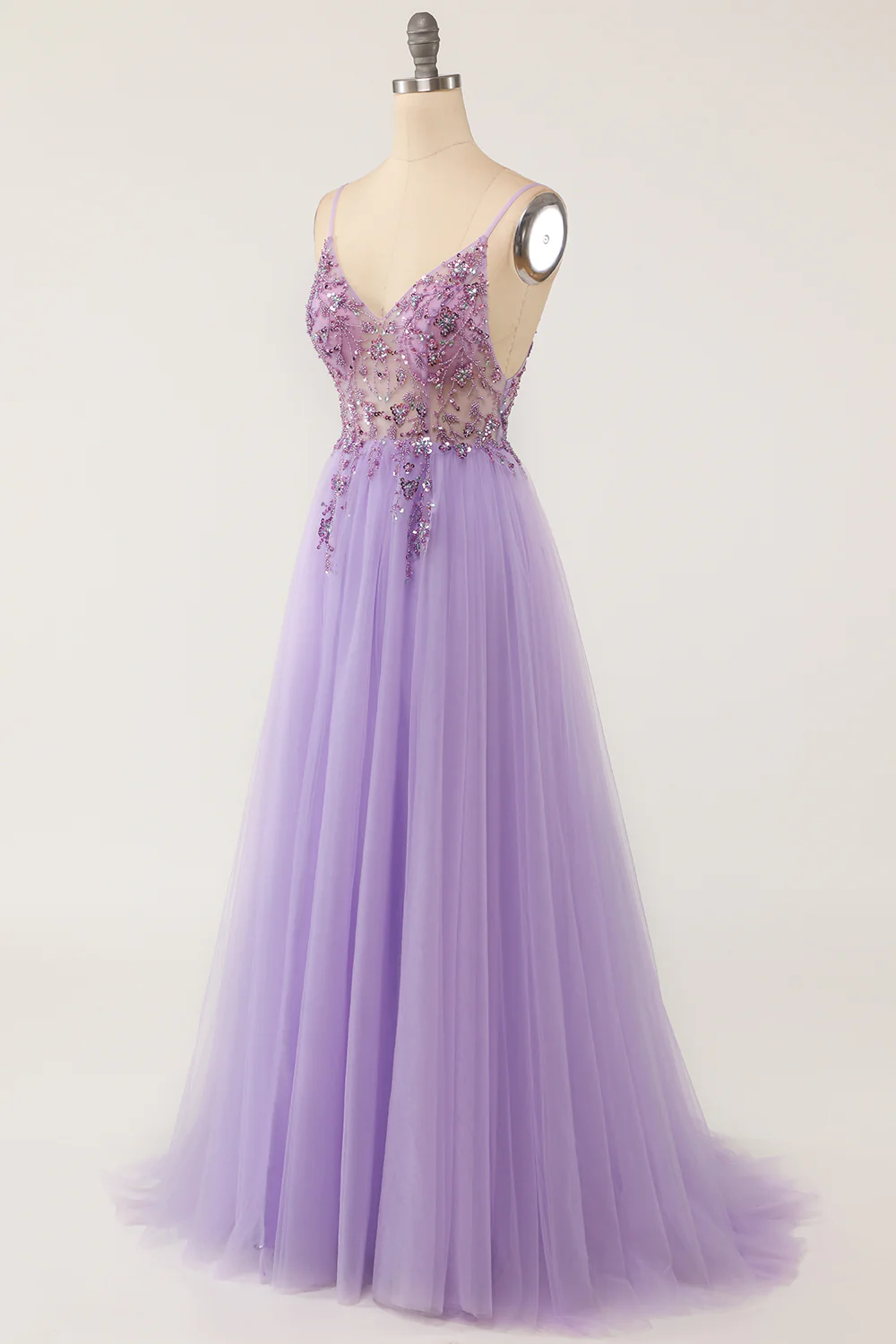 Beaded Spaghetti Strap Sleeveless Prom Dress