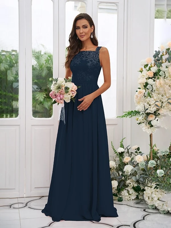 Lace Applique Square Neck Sleeveless Maxi Bridesmaid Dress