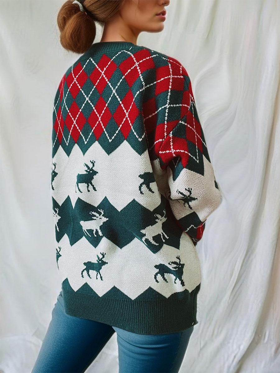 Knitted Elk Printed Pullover Sweater