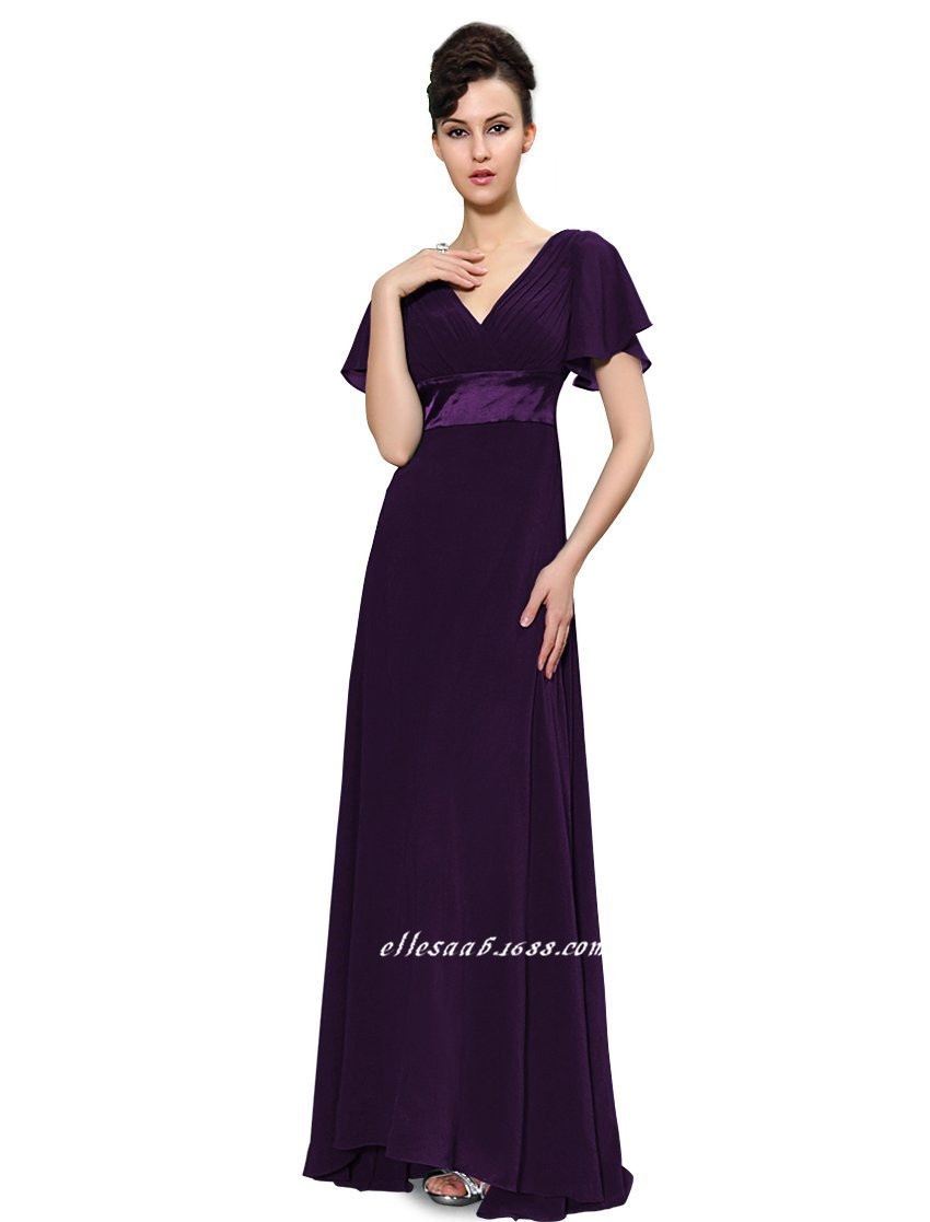 Deep V Neck Short Sleeves Bridesmaid Dress