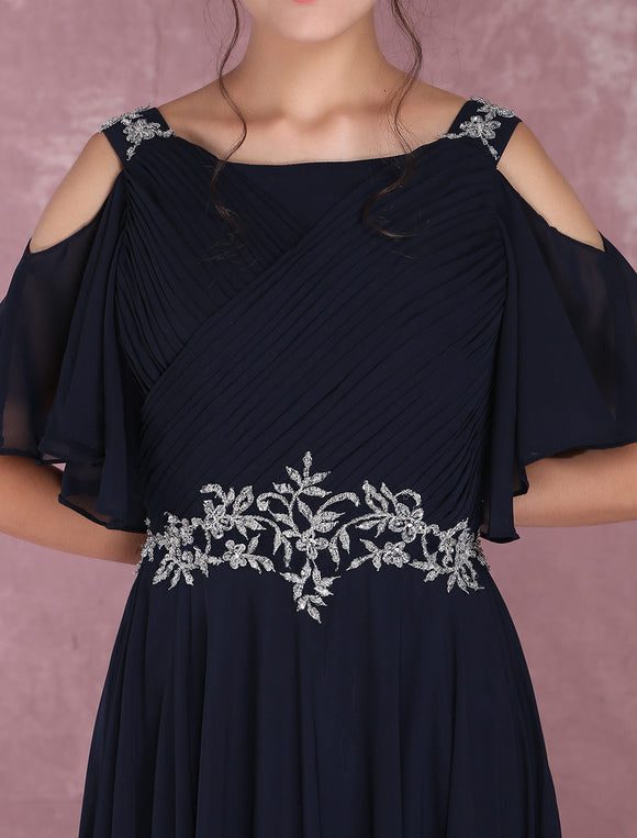 Navy Chiffon Beading Cold Shoulder Pleated Bridesmaid Dress