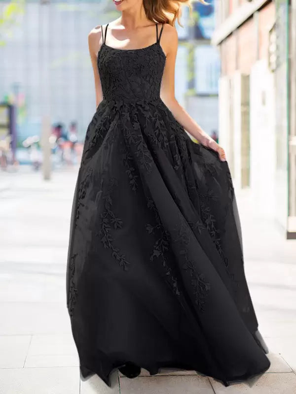 V-Neck Sleeveless Lace-Up Backless Criss-Cross Long Lace Wedding Guest Dress