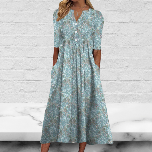 Blue V Neck Casual Short Sleeve Floral Midi Dress
