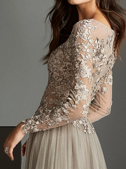 Champagne Long Sleeves Lace Detailing Applique Evening Dress