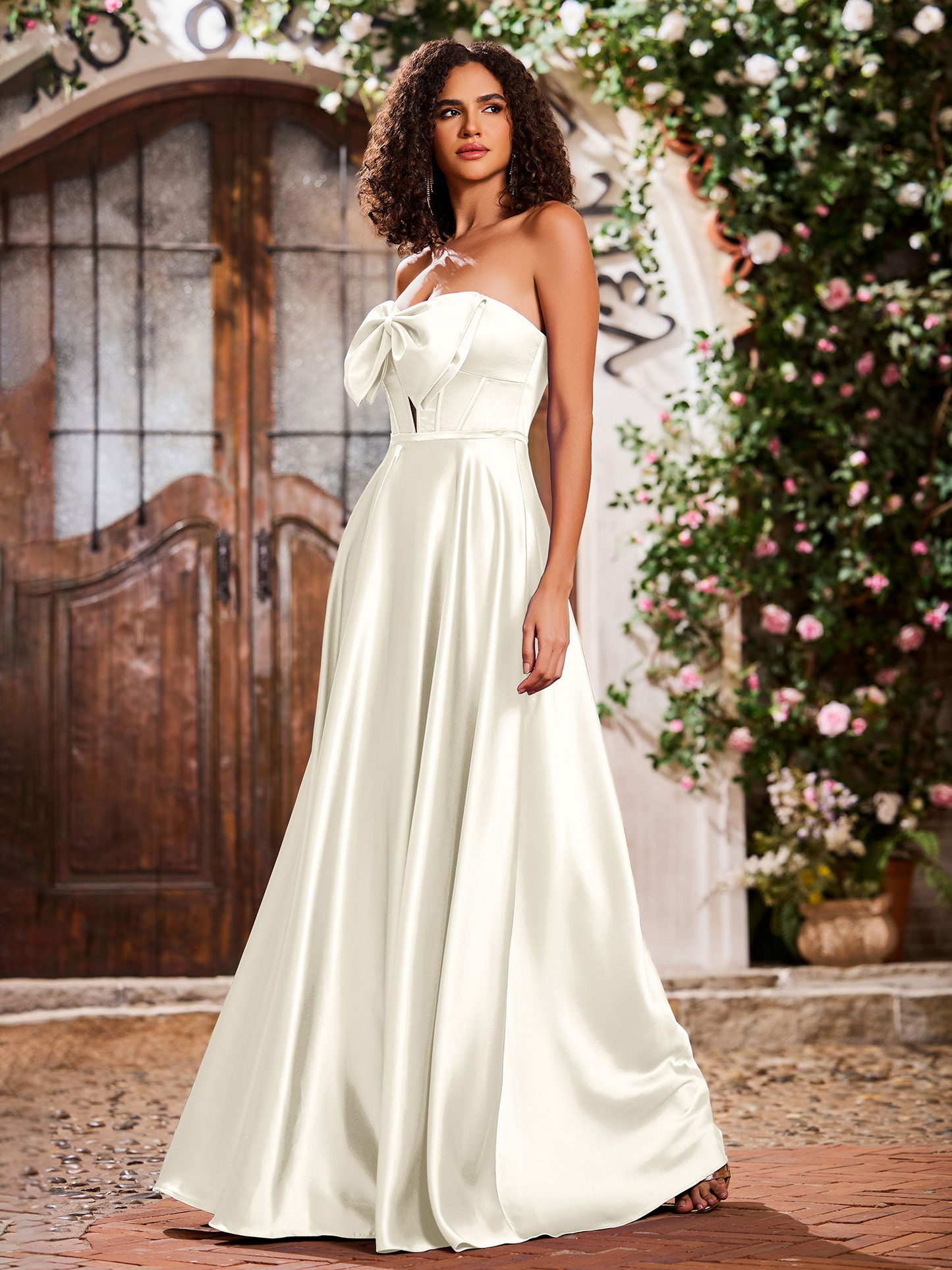 Elegant A-Line Bow Corset Strapless Floor-Length Prom Dress