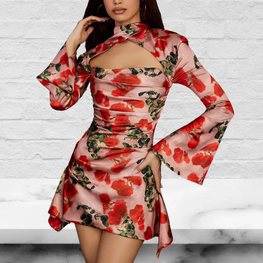 Floral Printed Cut Out Front Mini Dress