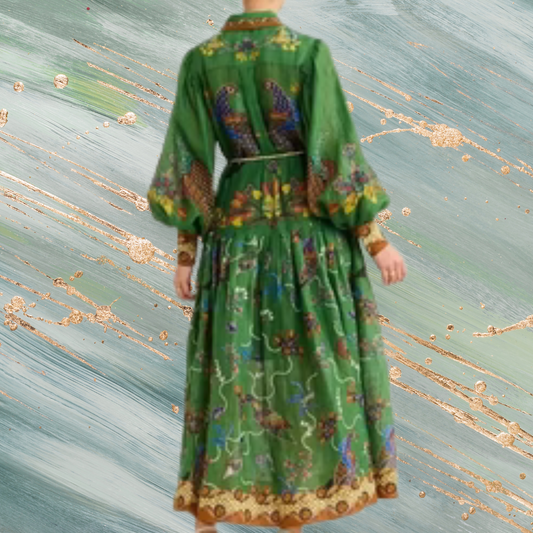Heaven Bird Print Balloon Sleeve Midi Dress