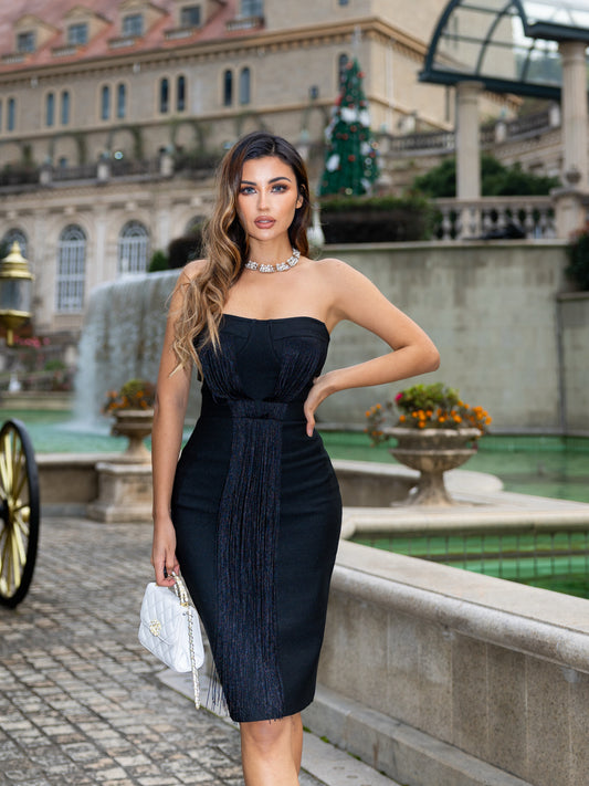 Black Strapless Sleeveless Tassels Midi Bandage Dress