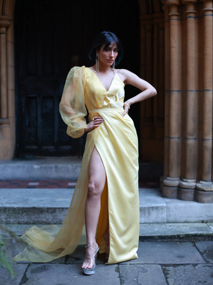 Yellow One Shoulder Long Slit Prom Dress