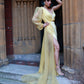 Yellow One Shoulder Long Slit Prom Dress