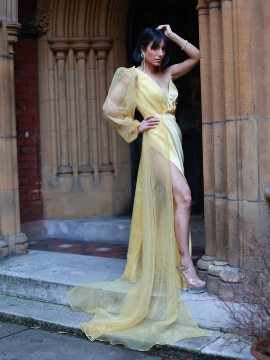 Yellow One Shoulder Long Slit Prom Dress