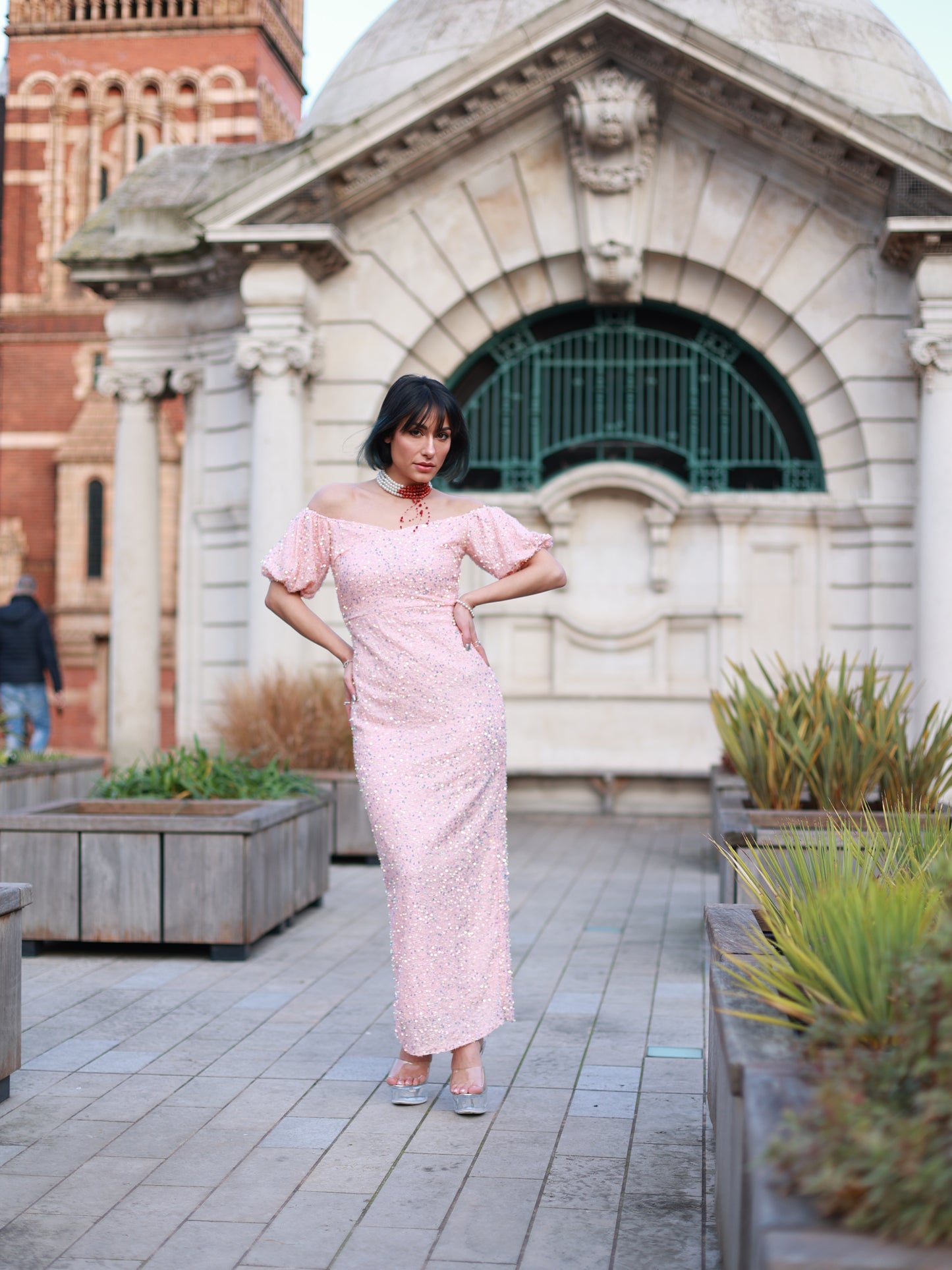 Pink Sequin Off-Shoulder Long Prom Dress