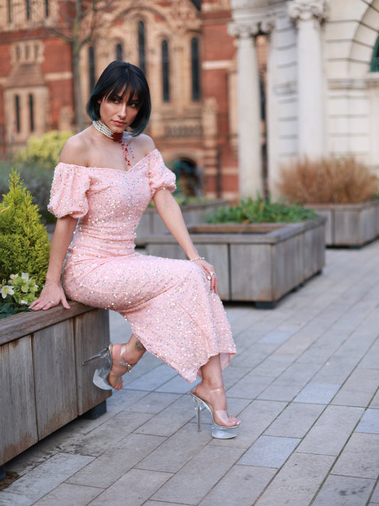 Pink Sequin Off-Shoulder Long Prom Dress