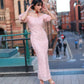 Pink Sequin Off-Shoulder Long Prom Dress