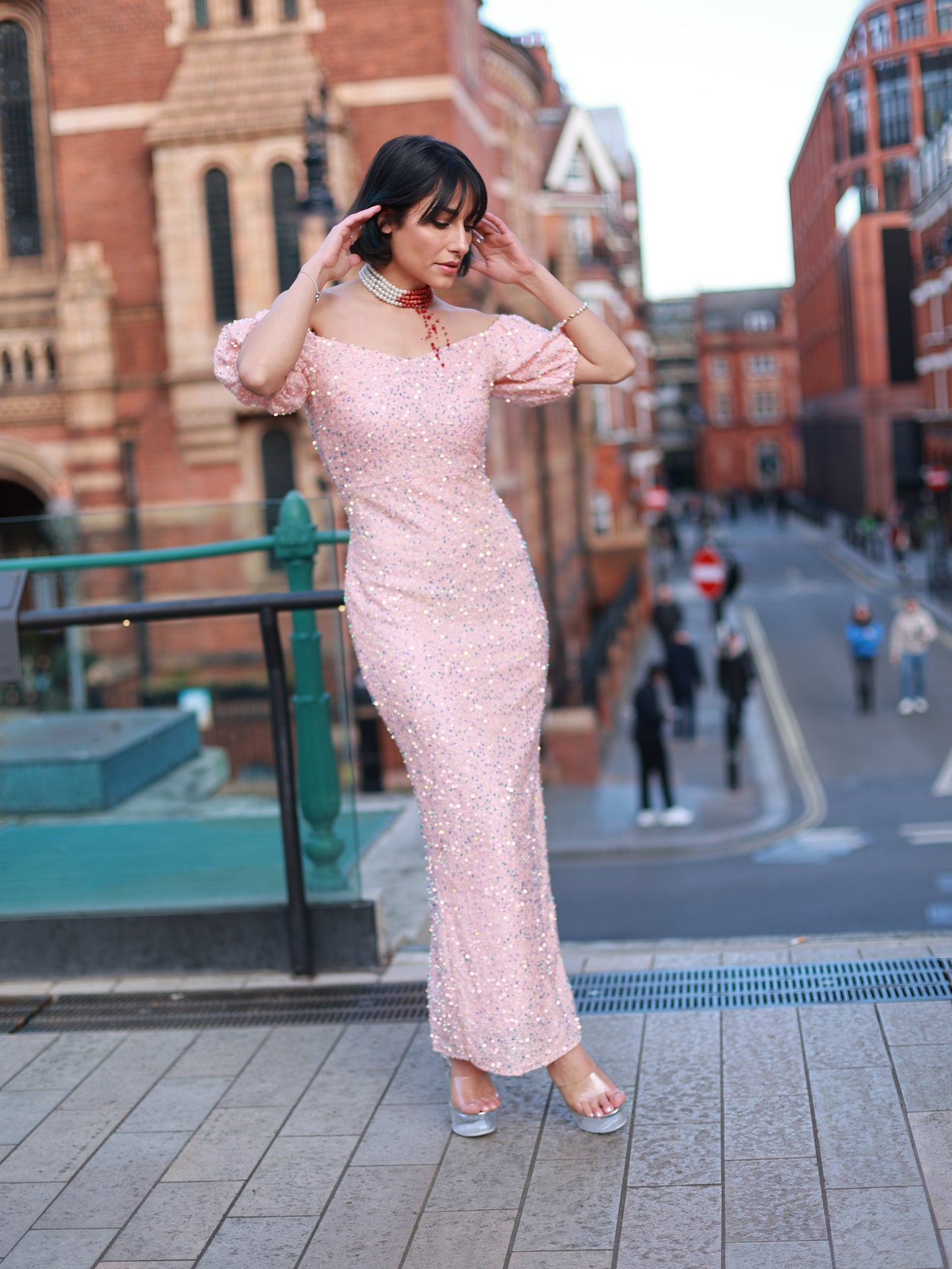 Pink Sequin Off-Shoulder Long Prom Dress